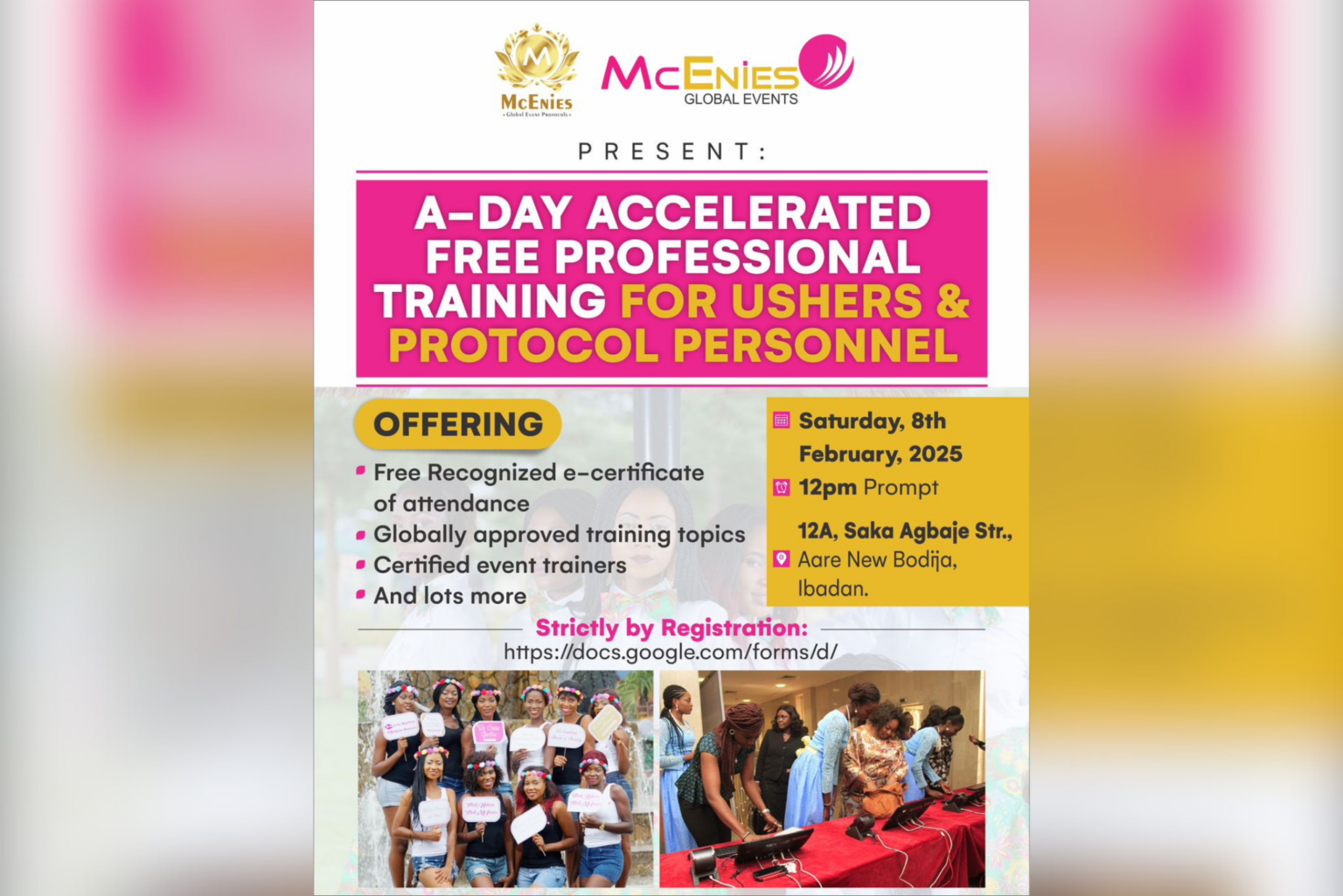 McEnies Global Event Protocols Offers Free Training on Professional Work Ethics for Ushers and Protocol Personnel McEnies Global Event Protocols Offers Free Training on Professional Work Ethics for Ushers and Protocol Personnel